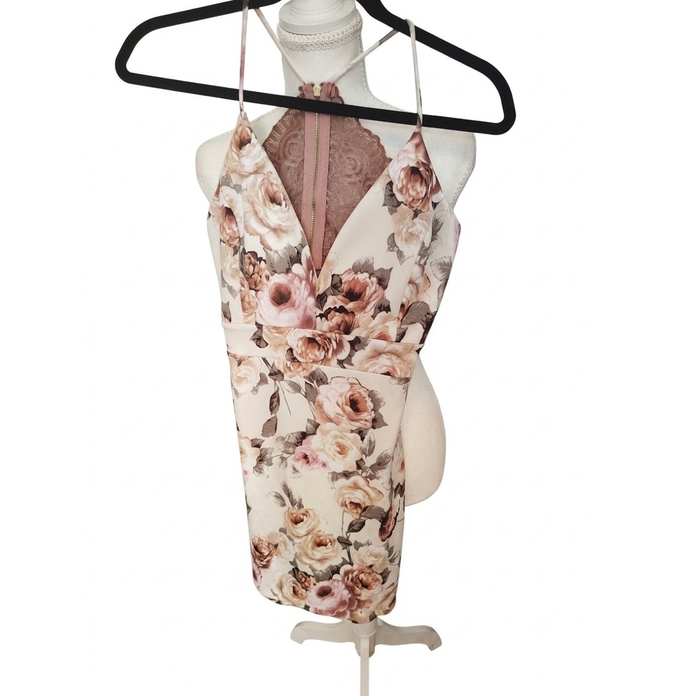 Windsor Floral Lace Back Bodycon Dress Cream Mauve Rose Print Medium CL2888WD